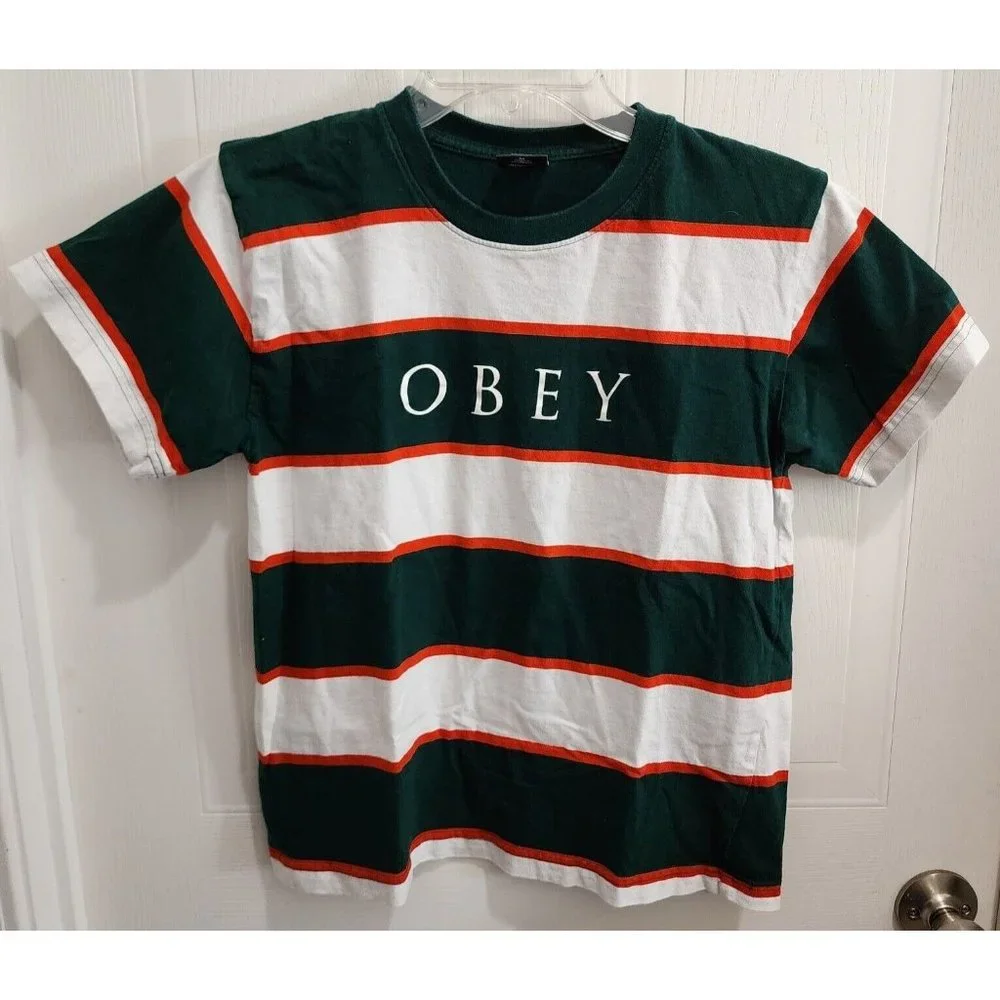OBEY‎ Worldwide Green White Striped Short Sleeve Spellout Logo Tee Shirt Size M
